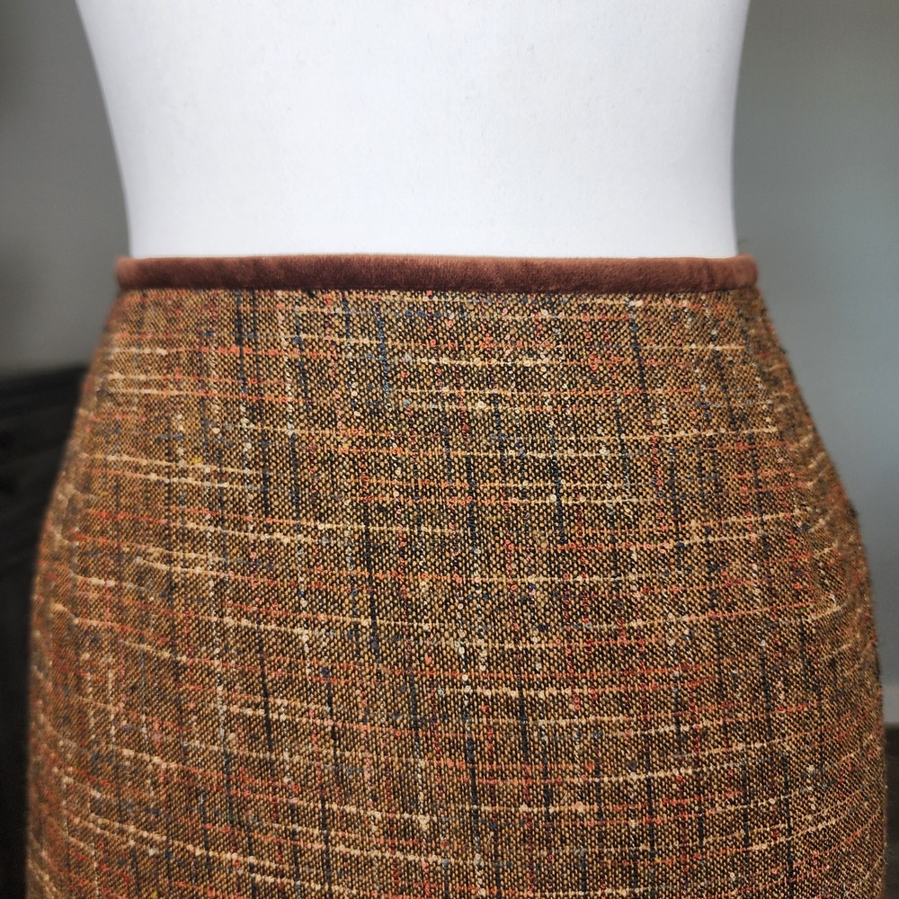 Le Suit 2pc Tweed Skirt Suit Set Women 14 Brown Rust Velvet Business Office Work - Picture 9 of 16